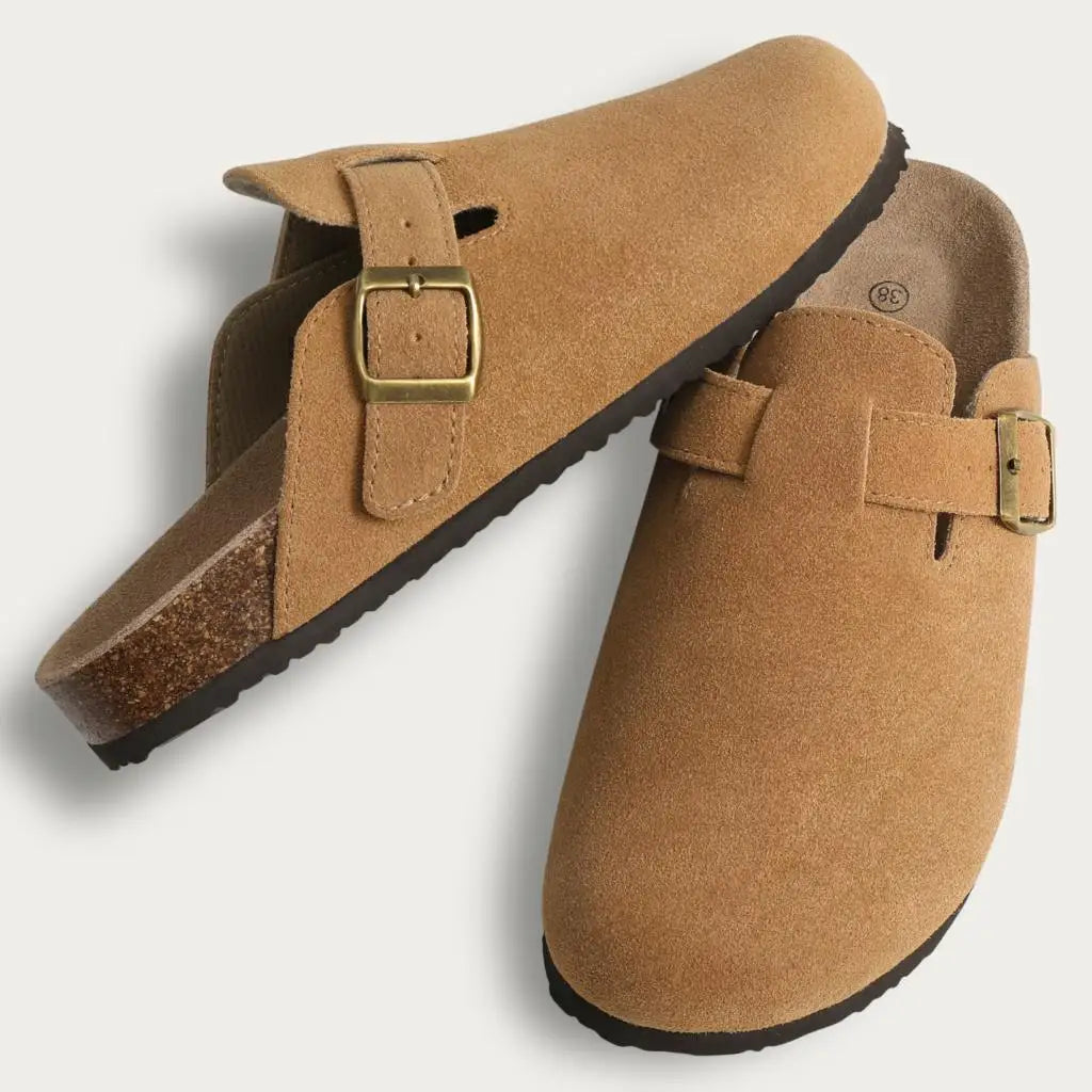 Evshine Men's Suede Clogs Fashion Leather Mules Cozy Footbed Slippers With Adjustable Buckle AntiSlip Cork Slippers Unisex Mules