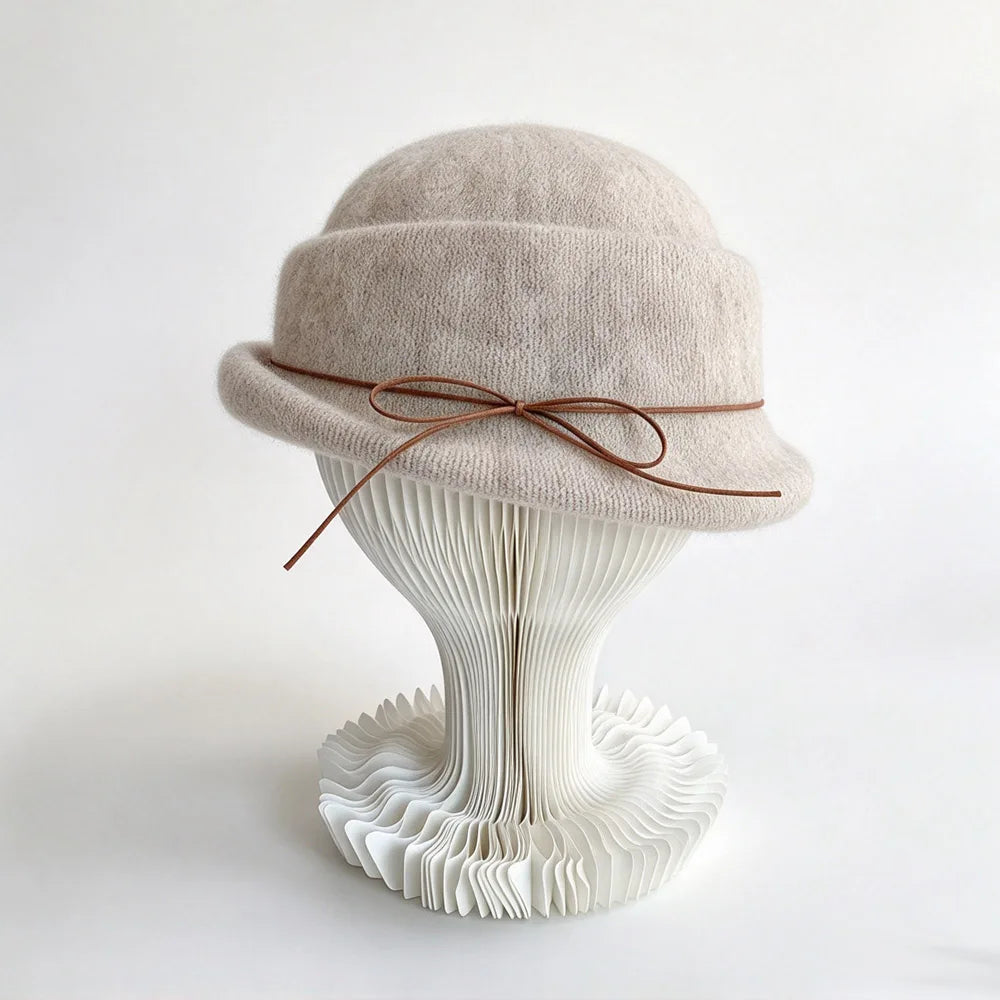 Women's Bow Cloche Hat with Roll-Up Brim