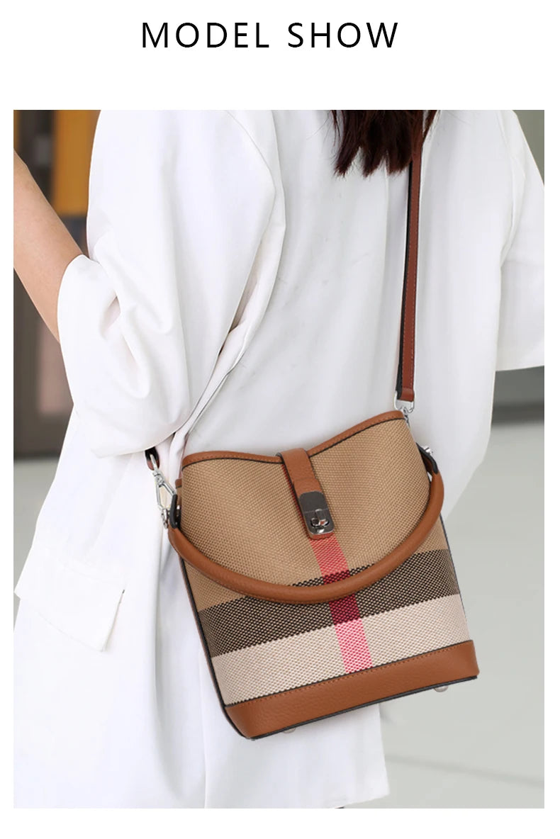 New canvas paired with cowhide women's shoulder crossbody bag, fashionable plaid pattern bucket bag