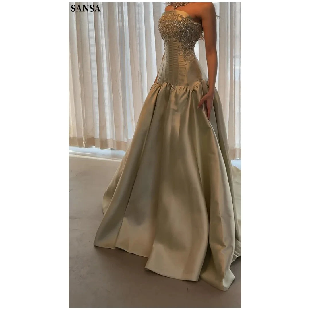 Champagne Gold Strapless Mermaid Evening Gown – Beaded Corset