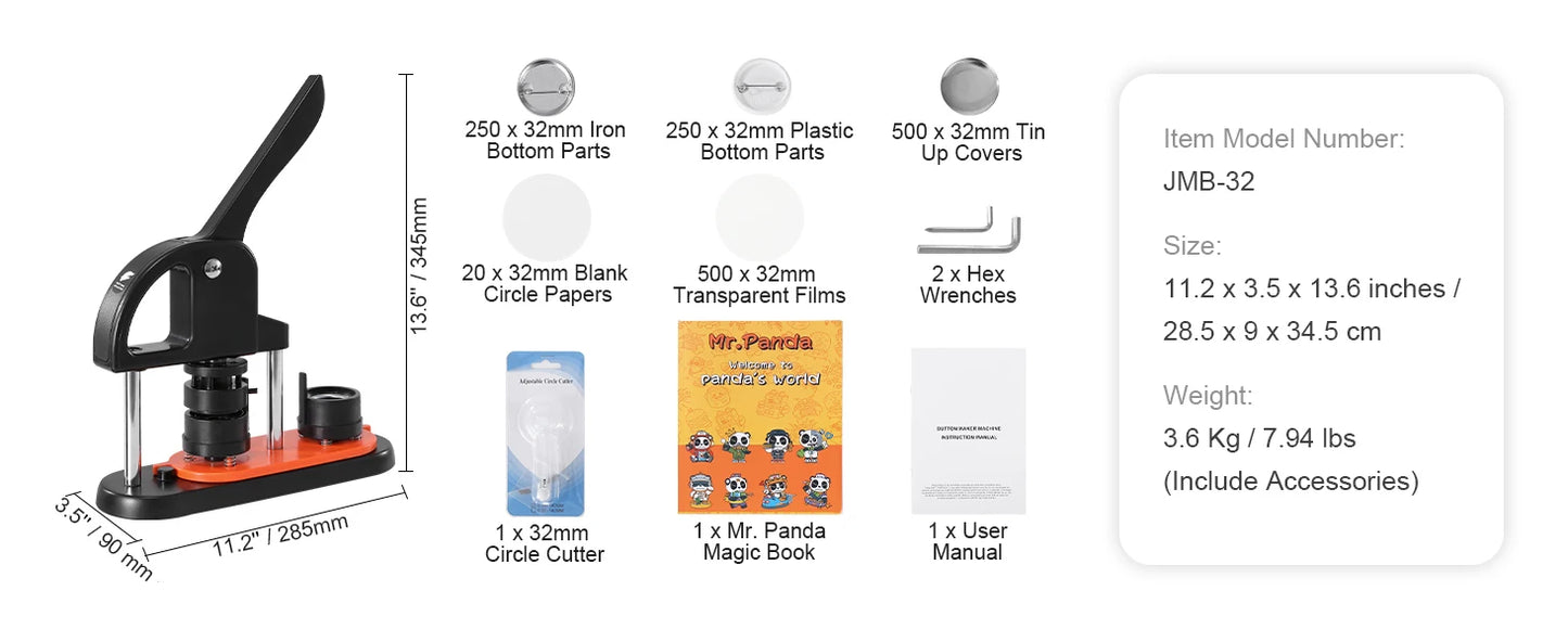 SucceBuy Button Maker 25/32/58 Pin Maker with Button Parts Ergonomic Arc Handle Punch Press Kit Button Maker Machine