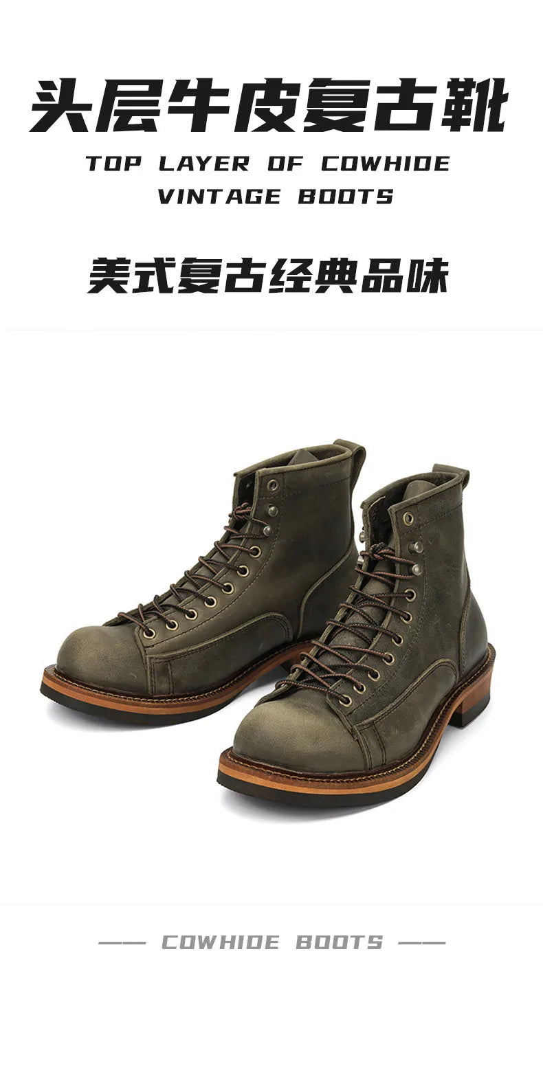 KOWM Hiking shoes men's walking boots British thick soled cowhide high top motorcycle boots ankle sneakers  casual trekking shoe