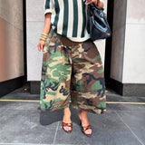 Women's Camo Wide-Leg Streetwear Trousers - High-Waist Vintage Cargo Capris