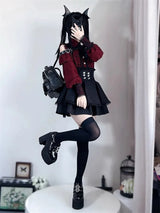 Women‘s Lolita Set Dark Femme Mesh Top & Waist Cinching Skirt, 2025 Autumn Japanese Street Style Coord for Gothic Baddie Fashion