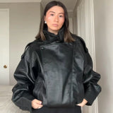 HXAO Faux Leather Black Jackets For Woman New Arrival Cropped Oversize Bomber Jacket Zip-Up Long Sleeve Coats Motorcycle Jackets
