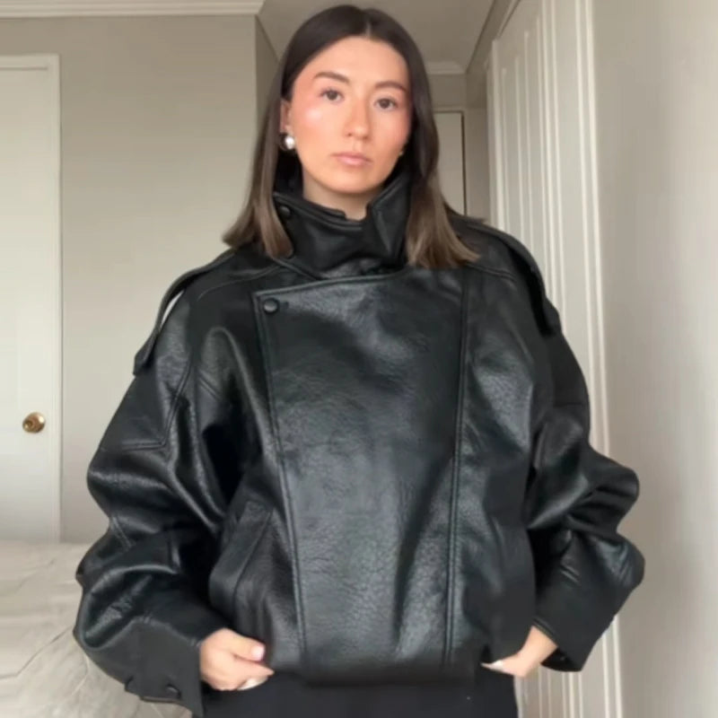 HXAO Faux Leather Black Jackets For Woman New Arrival Cropped Oversize Bomber Jacket Zip-Up Long Sleeve Coats Motorcycle Jackets