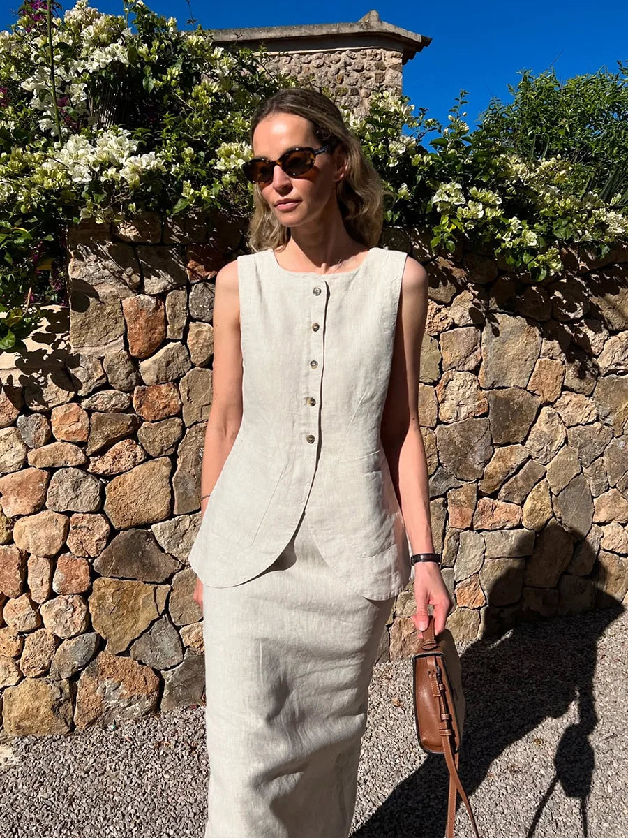 Bornladies Women's Sleeveless Vest High Waisted Skirt Set Spring Summer New Linen Casual Suit Fashion Office Lady Vest Set