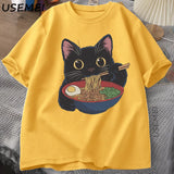 Ramen Cat Tshirt Japanese Style Cat Lover T-Shirt Kawaii Cartoon Cotton Short Sleeve T Shirts Mens Clothes Tee Shirt Tops