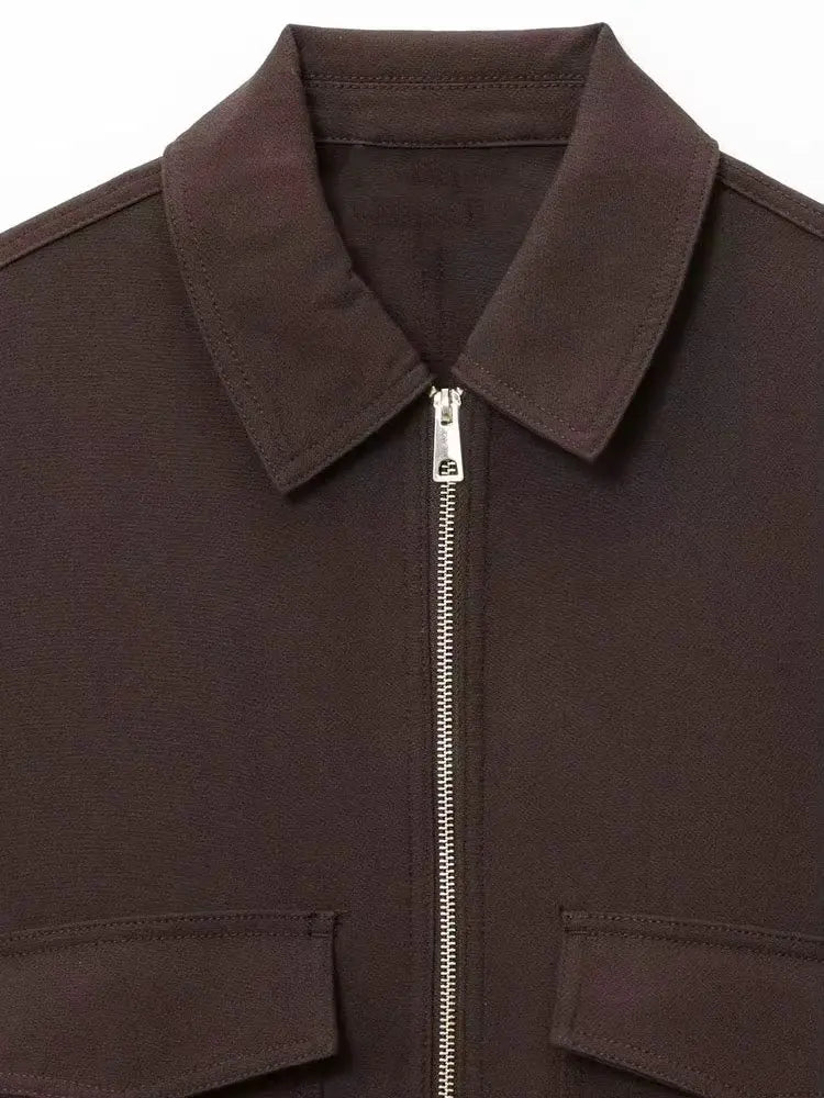 NLZGMSJ Women's 2025 Autumn Elegant Clothing Jacket Vintage Lapel Collar Zipper Full Sleeve Pocket Coat Lady Outerwears