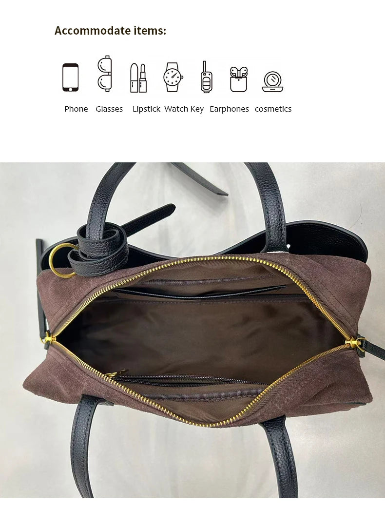 Autumn Winter Women's Cow Genuine Leather Tote Bag Suede Commuting Cowhide Handbags Large Capacity Designer Luxury Velvet Bags