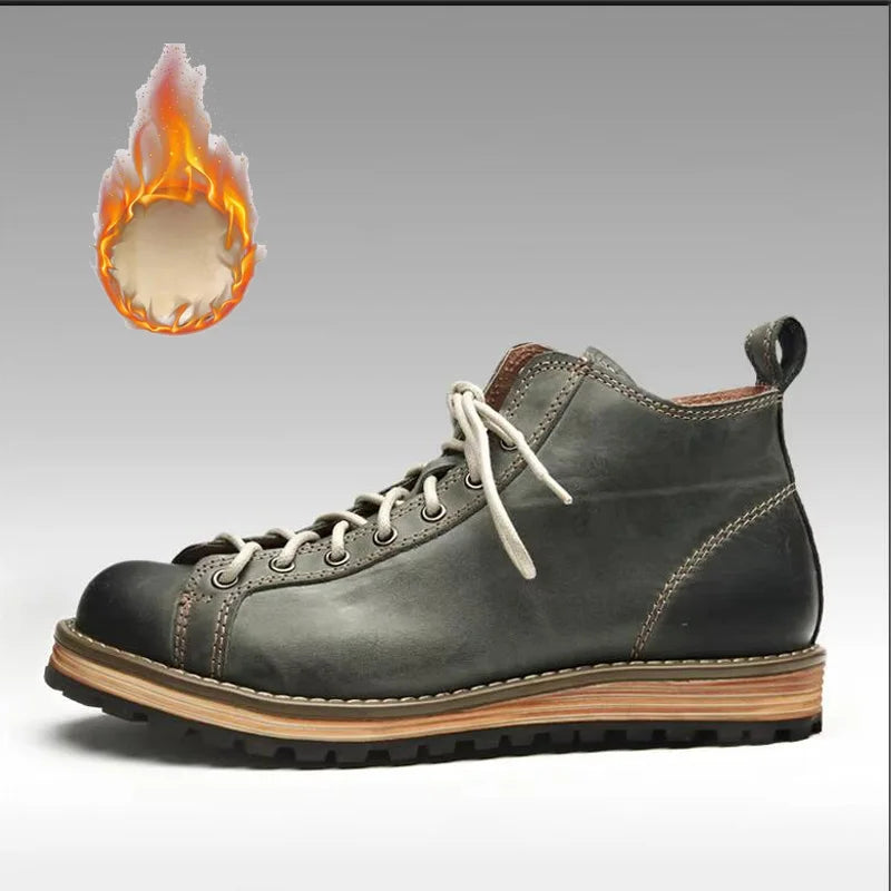 KOWM Hiking shoes men's walking boots British thick soled cowhide high top motorcycle boots ankle sneakers  casual trekking shoe