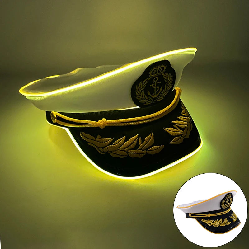 New Luminous White Sailor Captain Yacht Caps Wheat Embroidery LED Glow Navy Marine Hat Men Women Cosplay Halloween Costume Hats