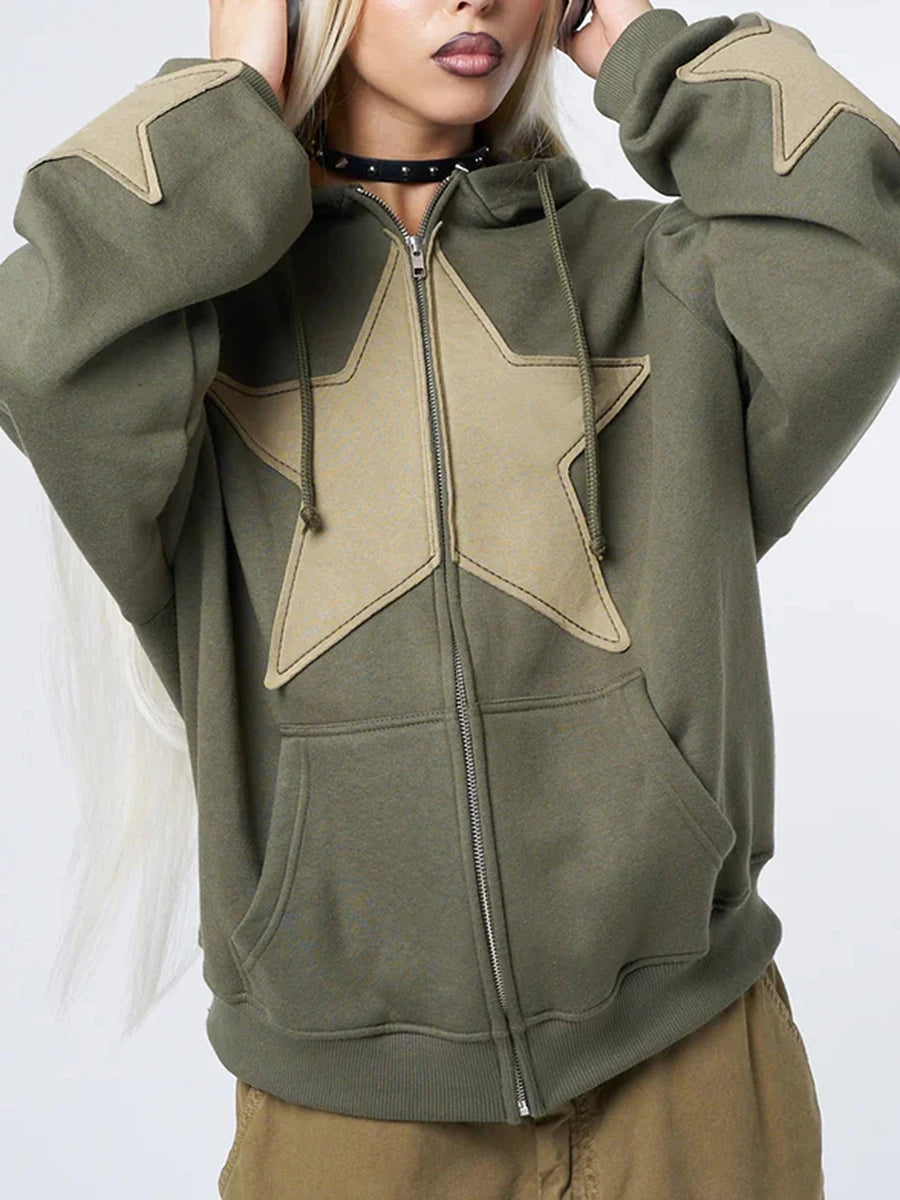 Women's Y2K Star Print Zip-Up Hoodie