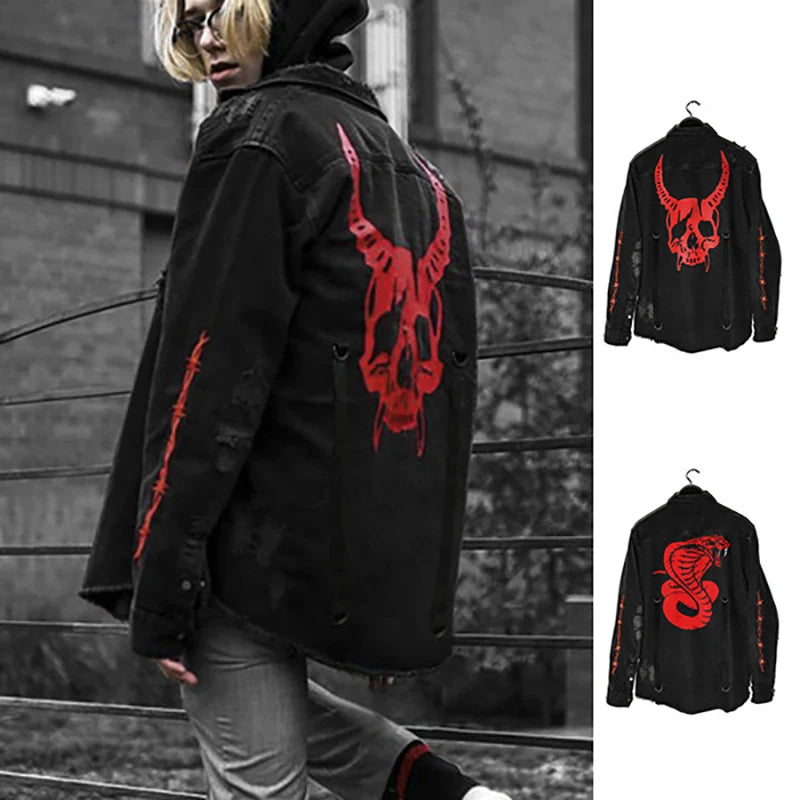 Skull Printing Denim Jacket Mens Harajuku Gothic Coats Vintage Halloween Clothes Spring Autumn Lightweight High Street Jacket