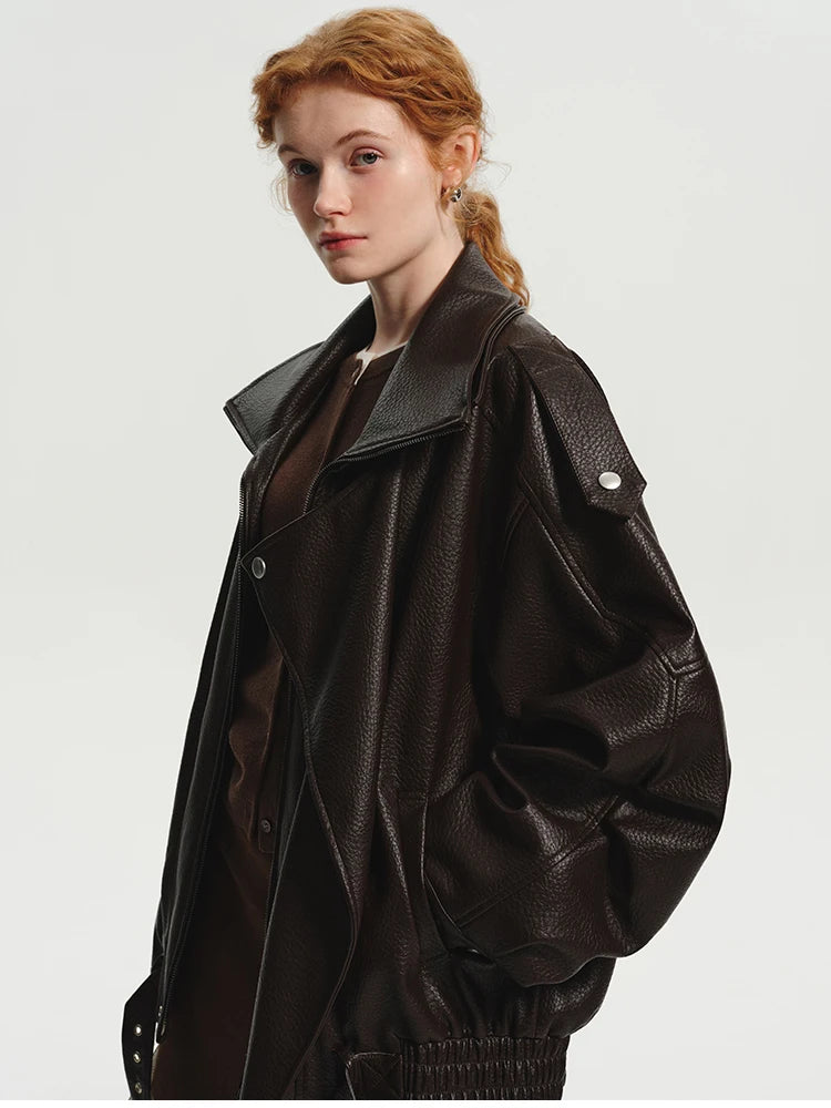 Lautaro Spring Autumn Cool Brown Oversized Pu Leather Jacket Women Long Sleeve Zip Up Luxury Designer American Retro Clothing