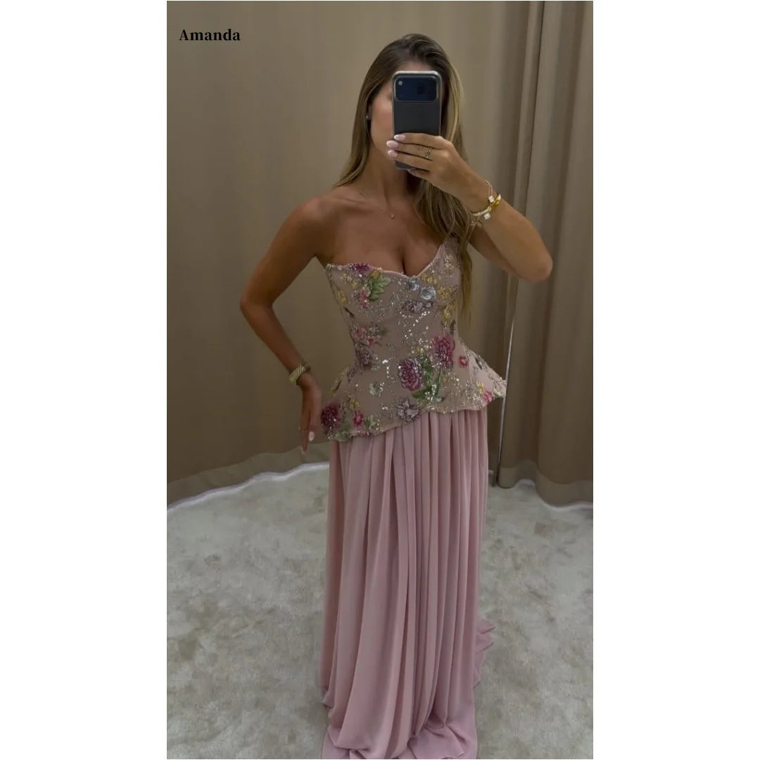 Amanda Blush Pink Strapless Floral Sequin Formal Evening Gown