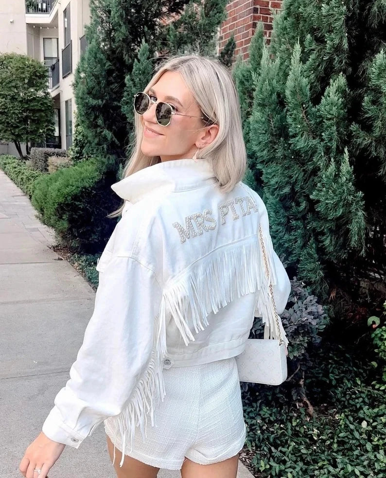 Custom Pearl & Rhinestone Bride Denim Jacket