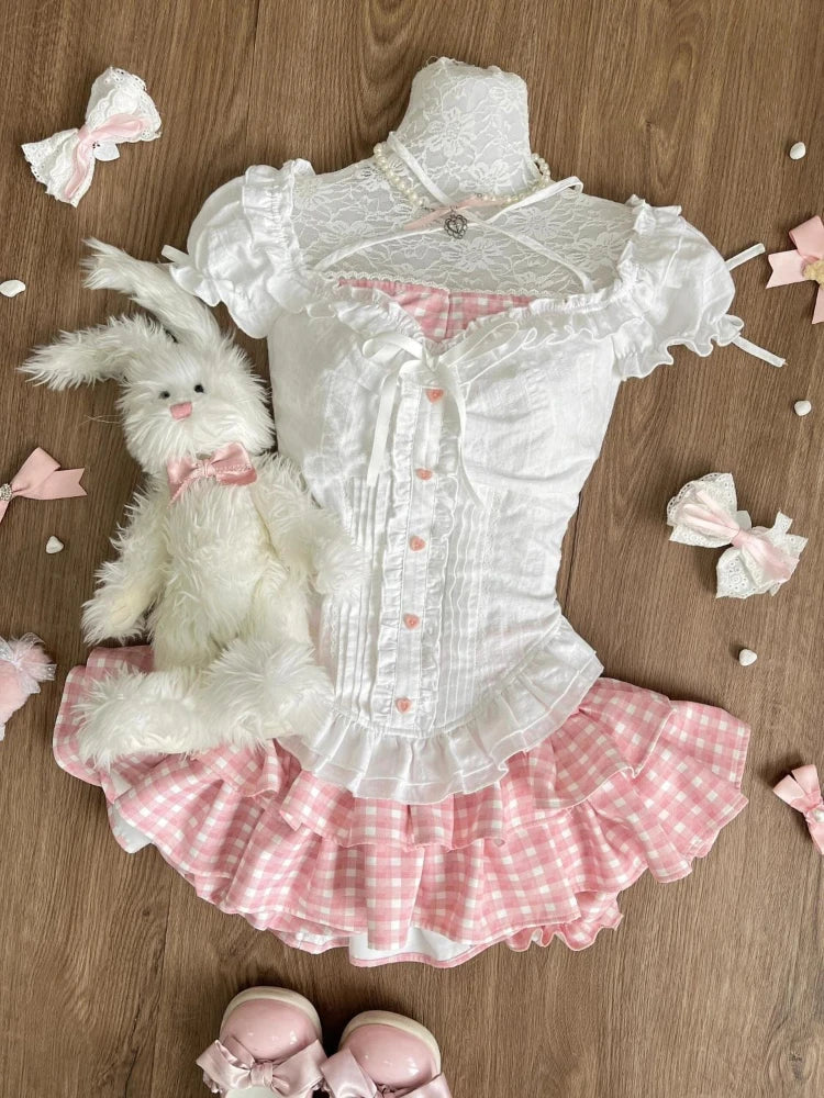 Japanese Pink Sweet Kawaii Lolita Elegant 2 Piece Sets Women Preppy Style Design Mini Skirt Suit Female Princess Chic Outfits