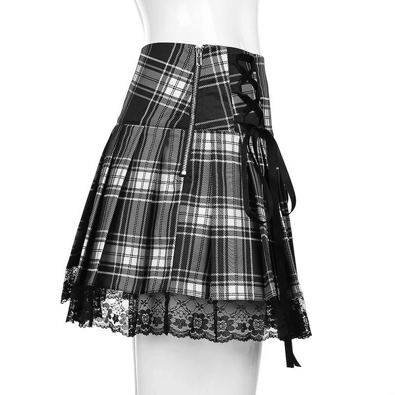 Pink Plaid Y2K Pleated Mini Skirt with Lace Trim