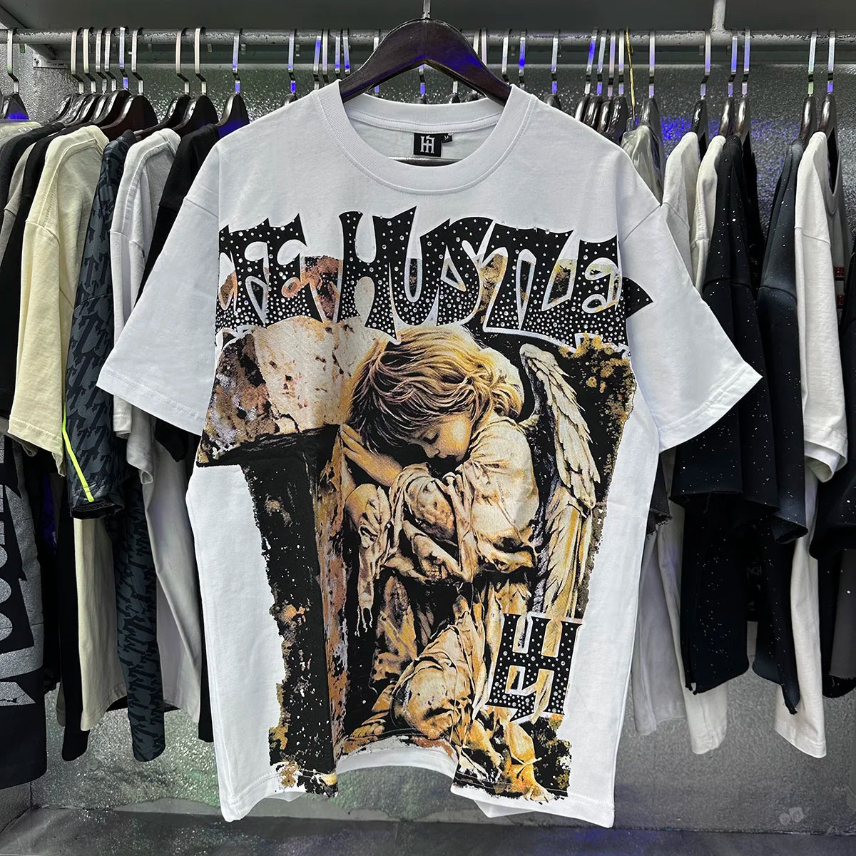 Oversized Rhinestone Cotton Crew Neck T-Shirt
