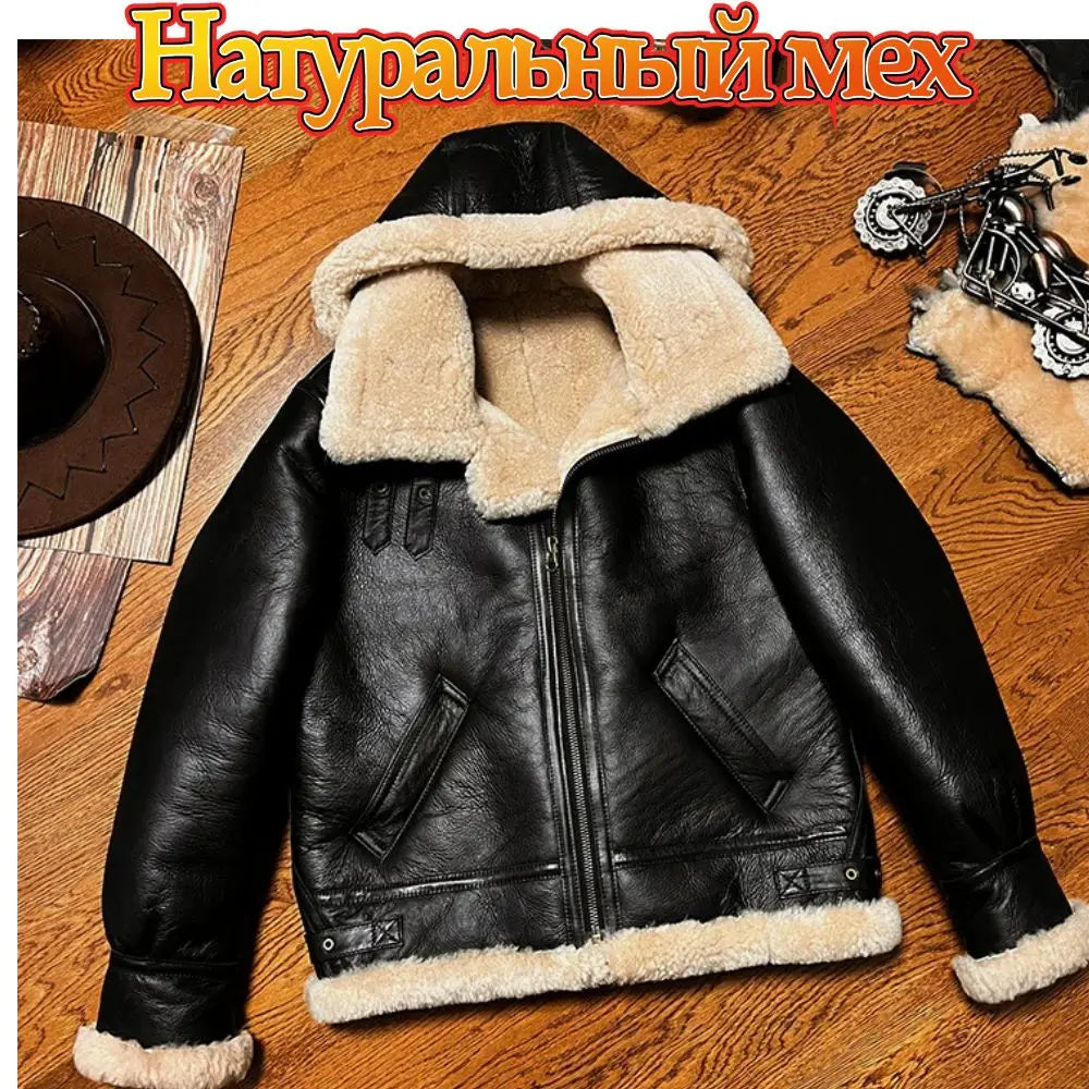 CC Shop Best.Mens High Quality 100% Natural Fur Jacket.Classic B3 Winter Warm Thick Leather Coat.100% Sheepskin with Wool.
