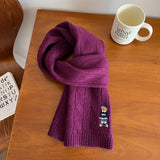 Wool Cable Knit Scarf with Bear Embroidery