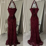Wine Red Halter Prom Dress – Beaded Mermaid Gown