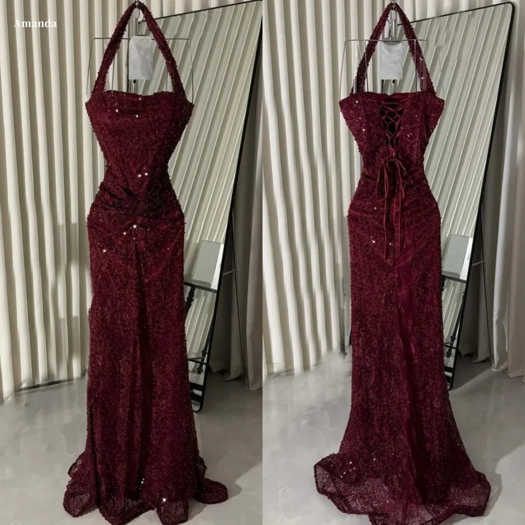 Wine Red Halter Prom Dress – Beaded Mermaid Gown