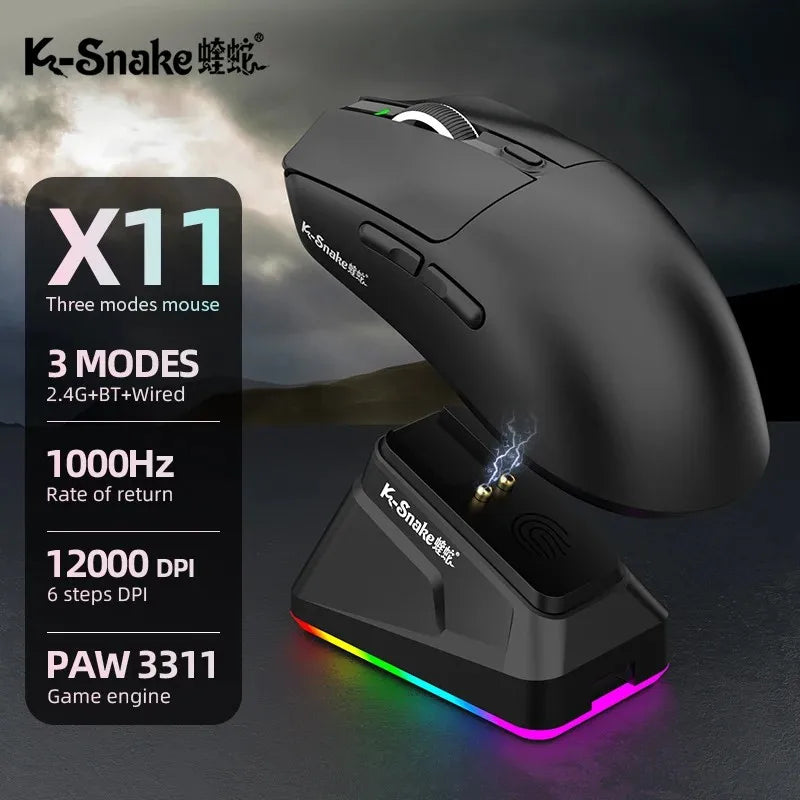 X11 Tri-Mode Wireless Gaming Mouse, 63g Lightweight, PAW3311 Sensor, 12000 DPI, Magnetic RGB Charging Dock