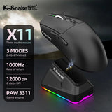 X11 Tri-Mode Wireless Gaming Mouse, 63g Lightweight, PAW3311 Sensor, 12000 DPI, Magnetic RGB Charging Dock