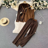 3-Piece Women’s Knitted Set: V-Neck Belted Cardigan & High-Waist Wide-Leg Pants