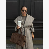 Navy Collar Lace Up Woolen Long Coat Women Elegant V-neck Full Sleeves Pockets Loose Overcoat 2026 Spring Lady Daily Street Wear