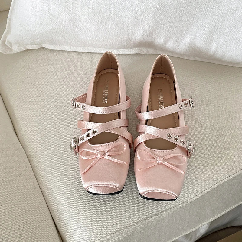 Butterfly Knot Ballet Flats – Elegant Square Toe Women's Flat Shoes