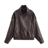 HH 2026 Women Trend Pu Leather Black Coats Stand Collar Long Sleeve Zipper Jacket Woman Fashion Vintage High Street Pu Jackets