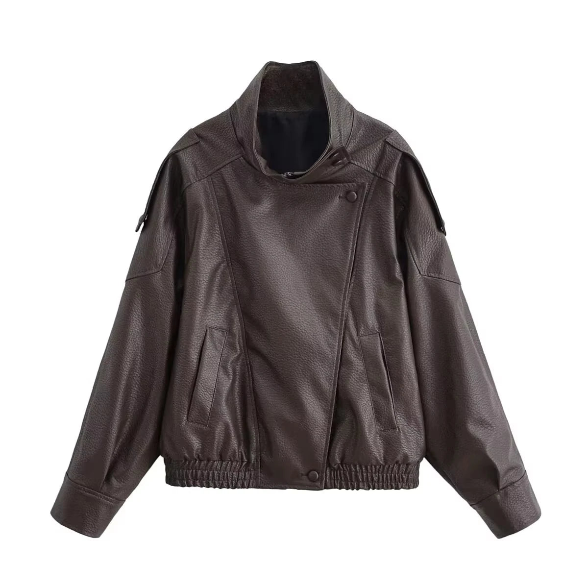 HH 2026 Women Trend Pu Leather Black Coats Stand Collar Long Sleeve Zipper Jacket Woman Fashion Vintage High Street Pu Jackets