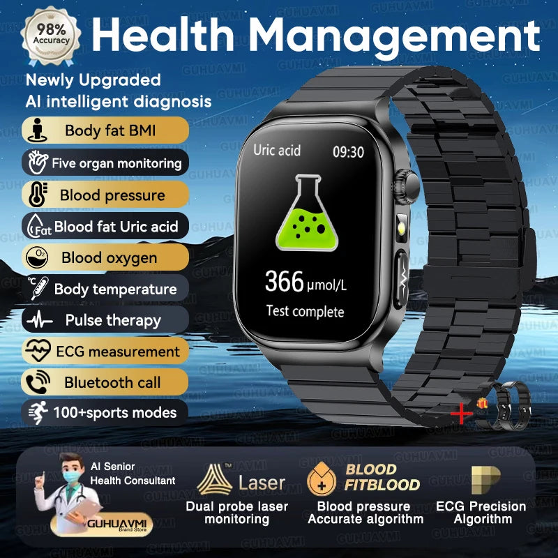 2026 New Accurate Measurement Health Smart Watch ECG+PPG Uric Acid Blood Pressure Blood Lipids BT Call Smartwatchs For Men Women