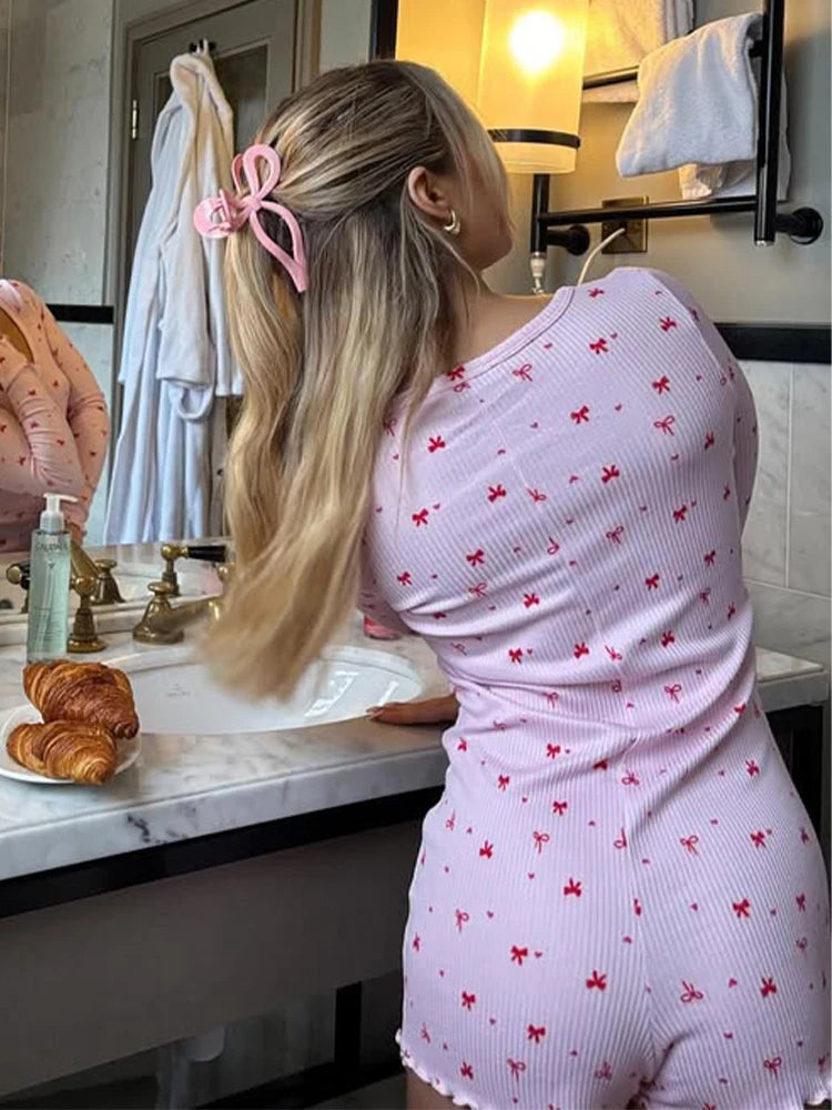 Bow Print Square Collar Loungewear Jumpsuit