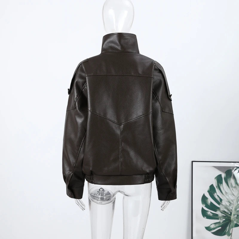 2026 Autumn Women's Faux Leather Jacket Brown Black Long Sleeve Stand Collar Thick Loose Lady Coat Fashion Motorcycle Streetwear