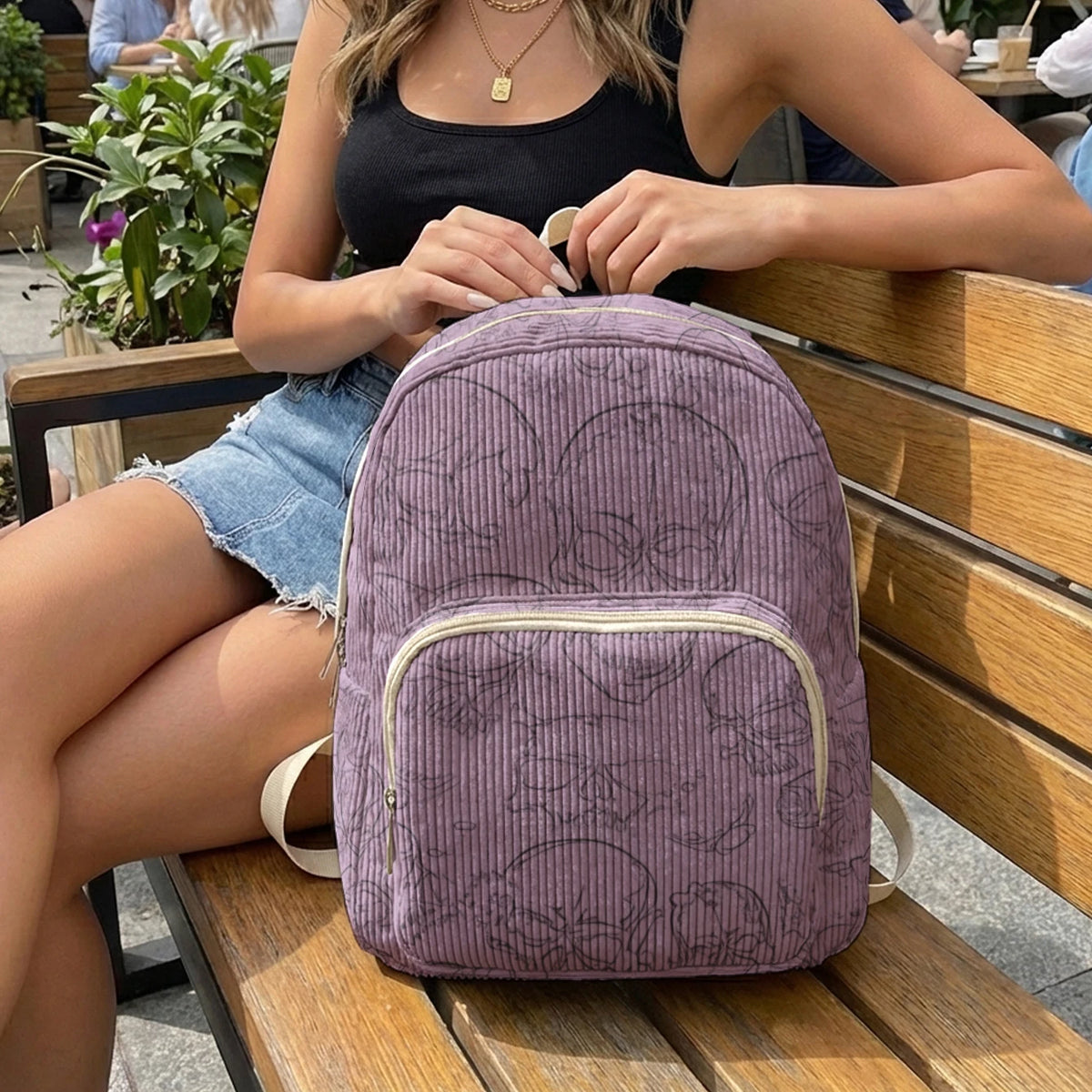 Gothic Skull Allover Print Women Fashion Backpack Corduroy Multi-pocket Large Capacity Commuter Bag