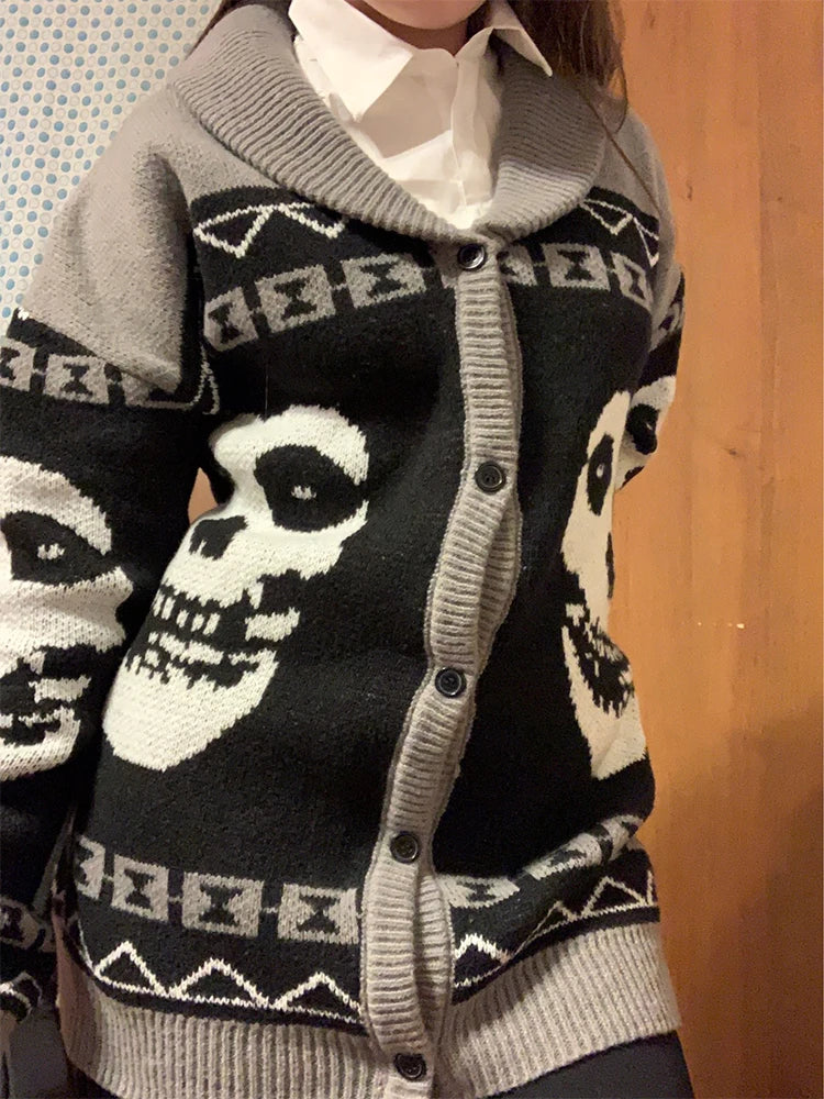 Y2K Gothic Ghost Portrait Knit Sweater – Oversized Harajuku Fall/Winter Cardigan