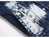 Men Graffiti Denim Jacket Casual Letters Printed Stretch Blue Jean Coat Slim Fit Lapel Collar Long Sleeve Outerwear