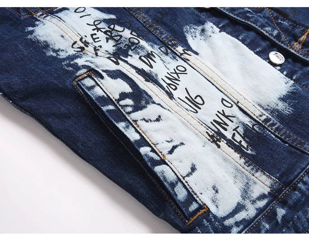 Men Graffiti Denim Jacket Casual Letters Printed Stretch Blue Jean Coat Slim Fit Lapel Collar Long Sleeve Outerwear