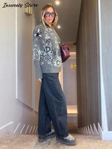 Vintage-Style Printed Knit Cardigan