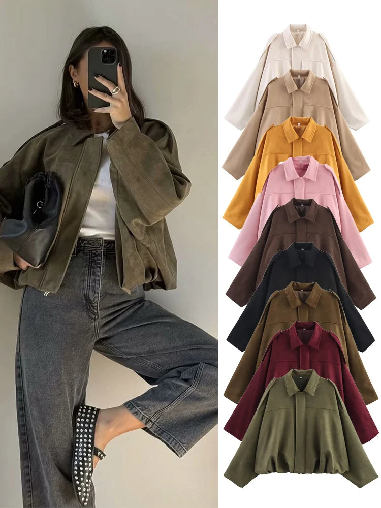 Women's Suede Bomber Jacket – Elegant Oversized Coat