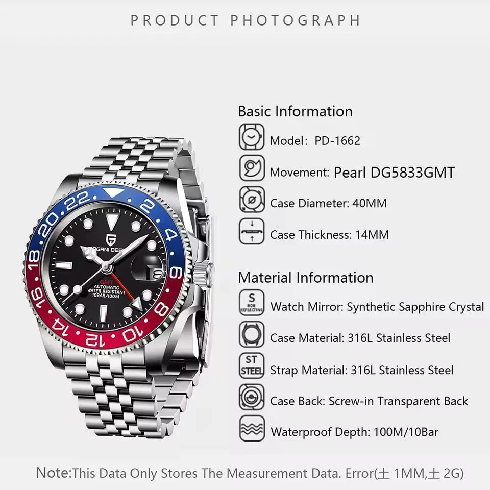 PAGANI DESIGN 40mm Automatic GMT Wristwatch Stainless Steel Waterproof Men Watch Top Brand Mechanical sports Watches Men PD-1662