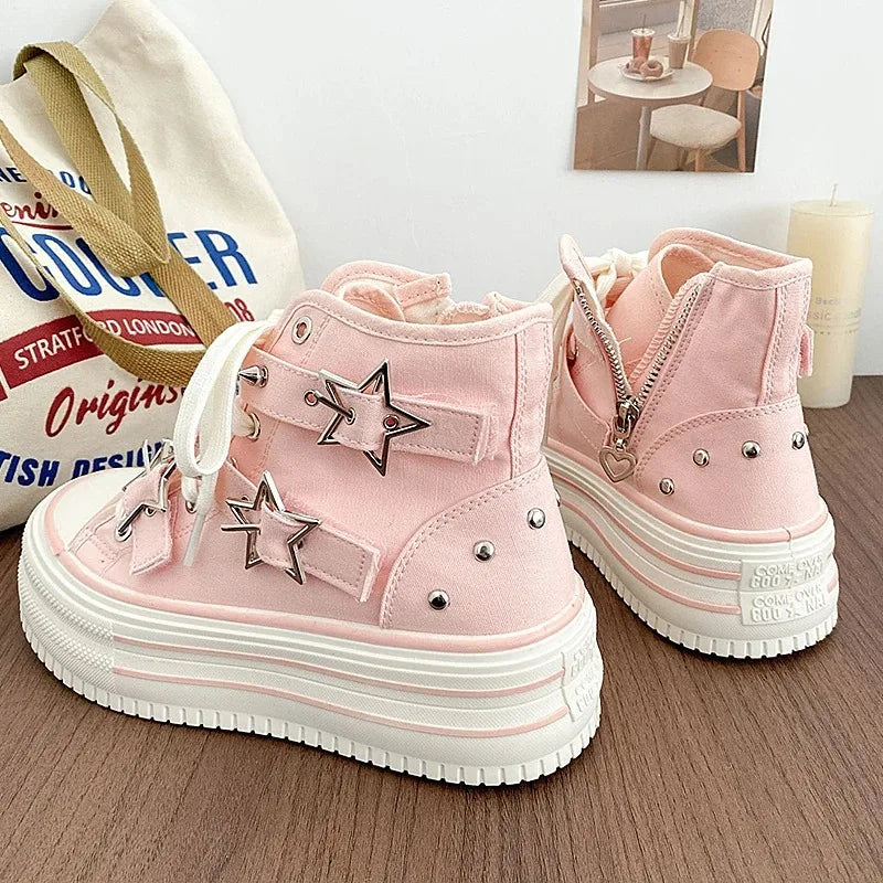 Women's High-Top Canvas Platform Sneakers — Rivet Buckle Lace-Up