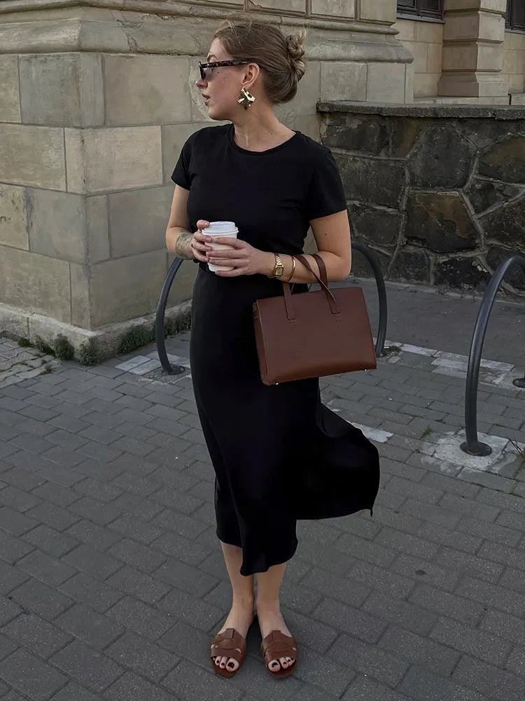 Women's Satin Midi Skirt – Elegant A-Line with Slit