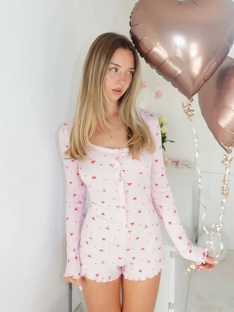 Bow Print Square Collar Loungewear Jumpsuit