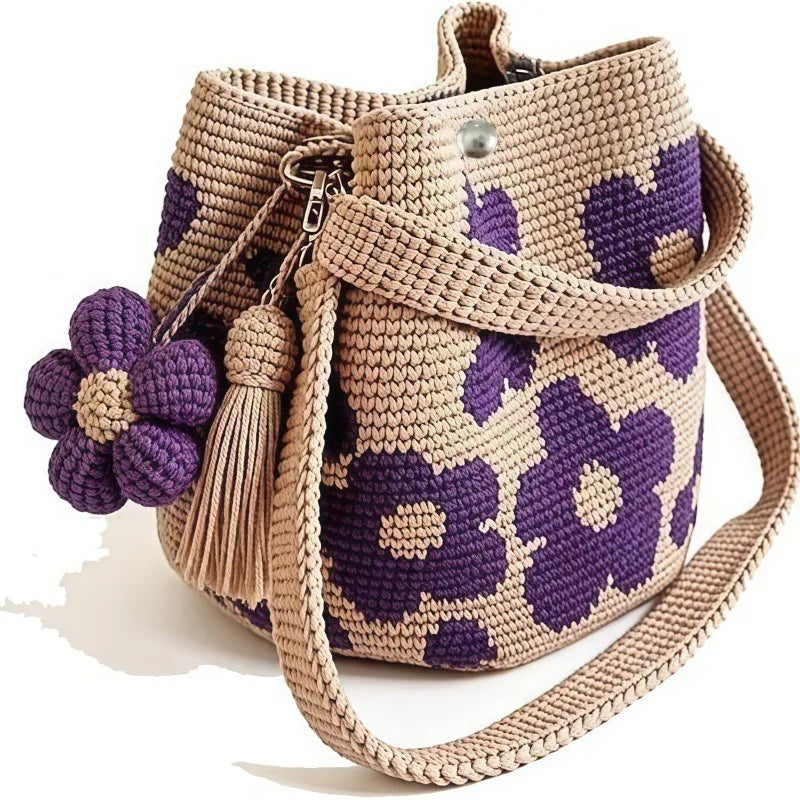 Handmade Crochet Bag Flower Tote Knit Floral Purse Bag, Boho Woven Beach Handbags Crossbody Shoulder Bag for Women Vacation