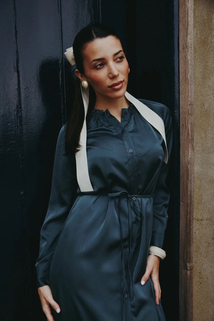 Elegant Ruffled-Neck Satin Dress